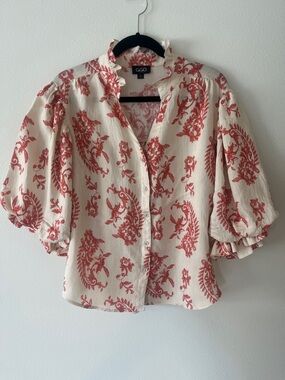 Cream and Coral Puff-Sleeve Button-Up Top